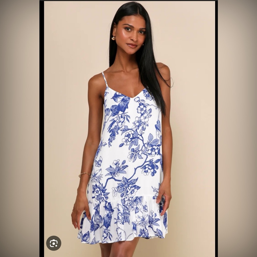 Lulu's Blue and White Midi Sundress with Spaghetti Straps
